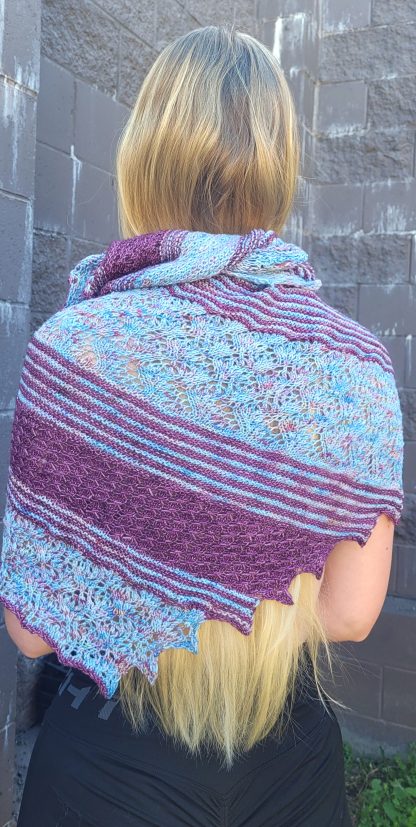 Garter Garden Shawl Wrapped Over Shoulders